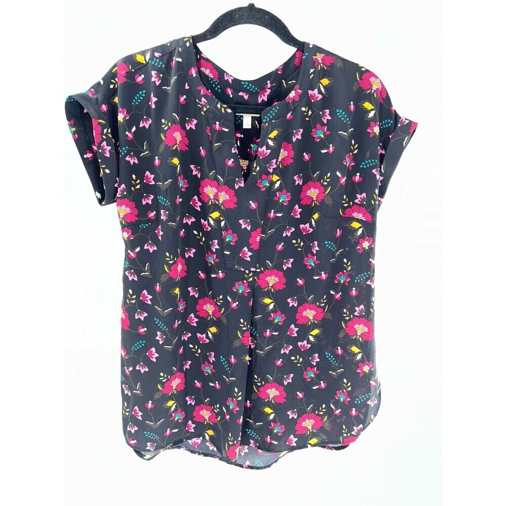 Women's Talbots Factory Floral Split Neck Short Sleeve Top Size S